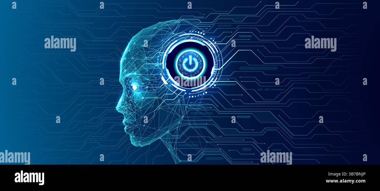 AI human head with circuit with on power button HUD. Vector Stock ...