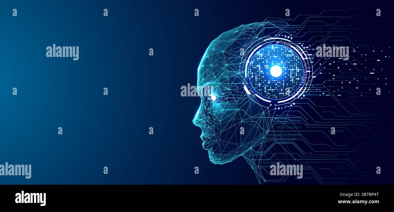 Humanoid robot with quantum neon light AI processor in a head. Stock Vector