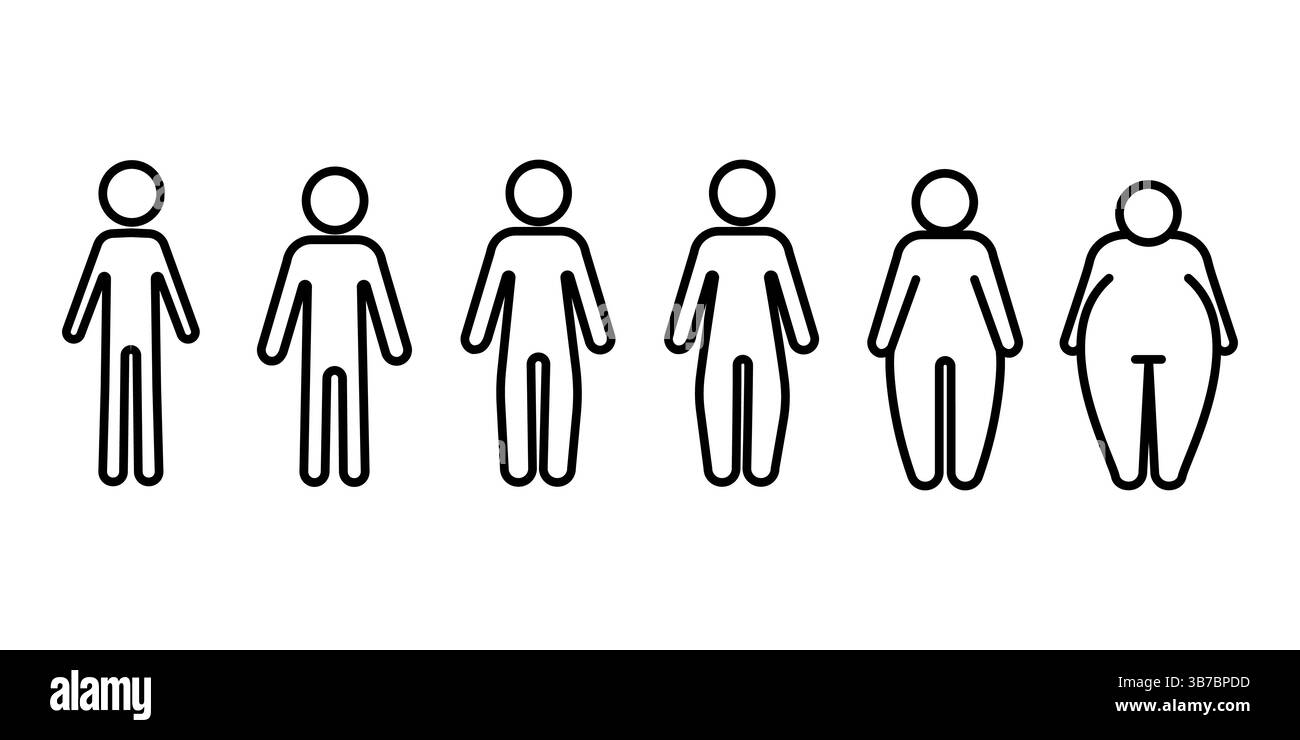 Fat to Thin Silhouette Men Signs Black Line Icon Set Overweight Concept. Vector illustration of Figure Body Icons Stock Vector
