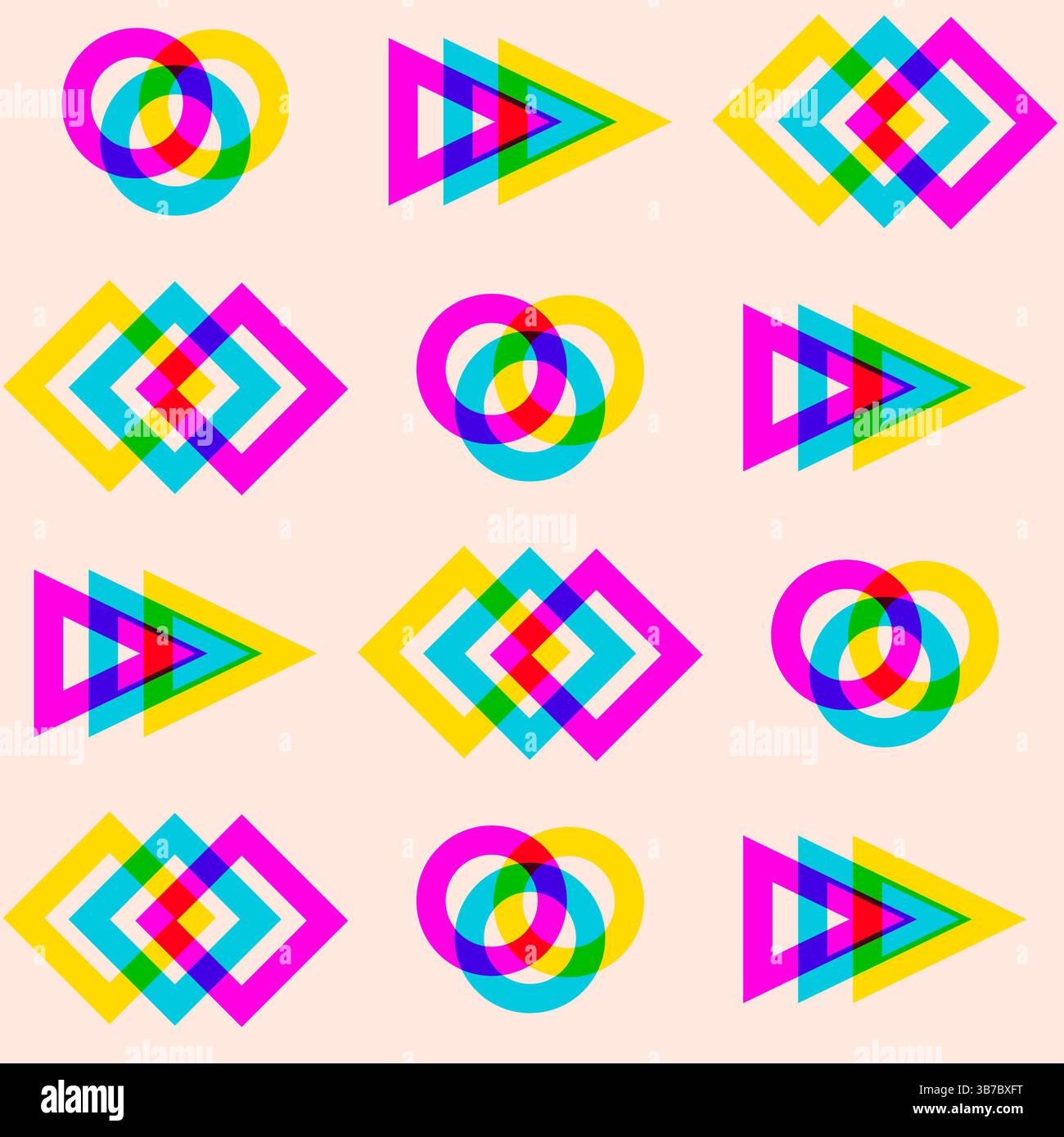 Seamless pattern with geometric shapes an overlapping colors, risograph ...
