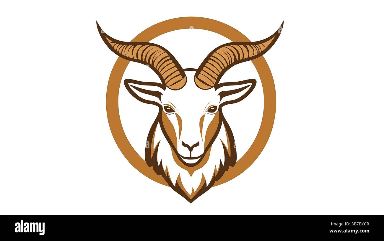 Goat Frame Round Minimal vector illustration of a goat head with curved horns inside a ...