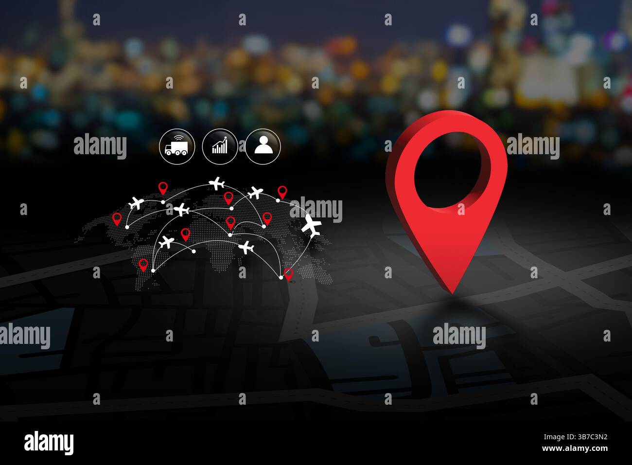 Futuristic concept of global logistics and real-time shipment tracking. The image shows a red GPS pin, airplanes flying over a world map, and icons fo Stock Photo