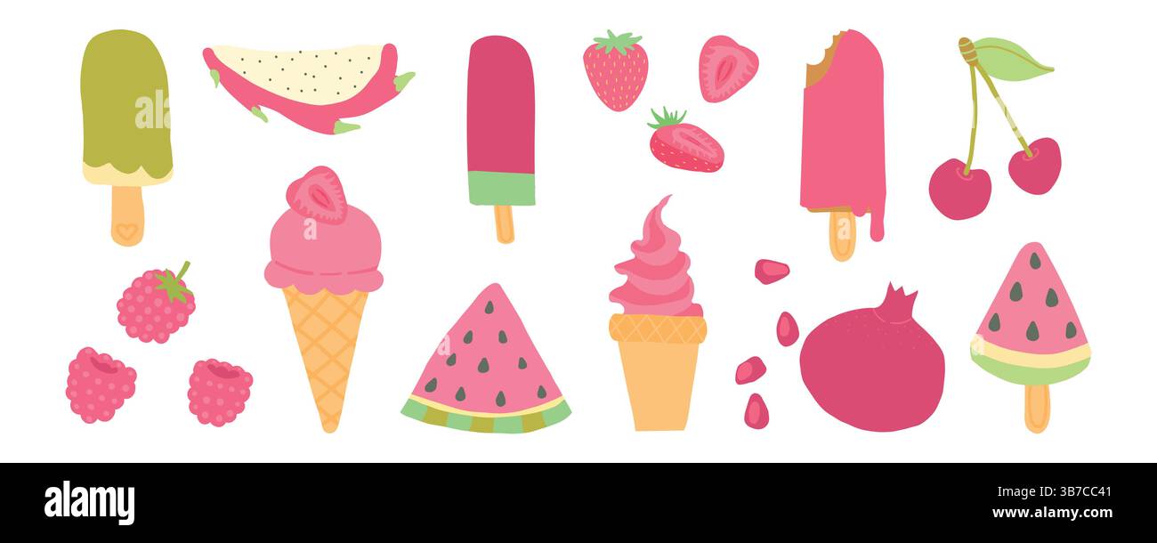 Vivid red and pink ice cream, popsicles, and berries including watermelon, cherry, and raspberry deliver bold, fruity vibes for summer sweets Stock Vector