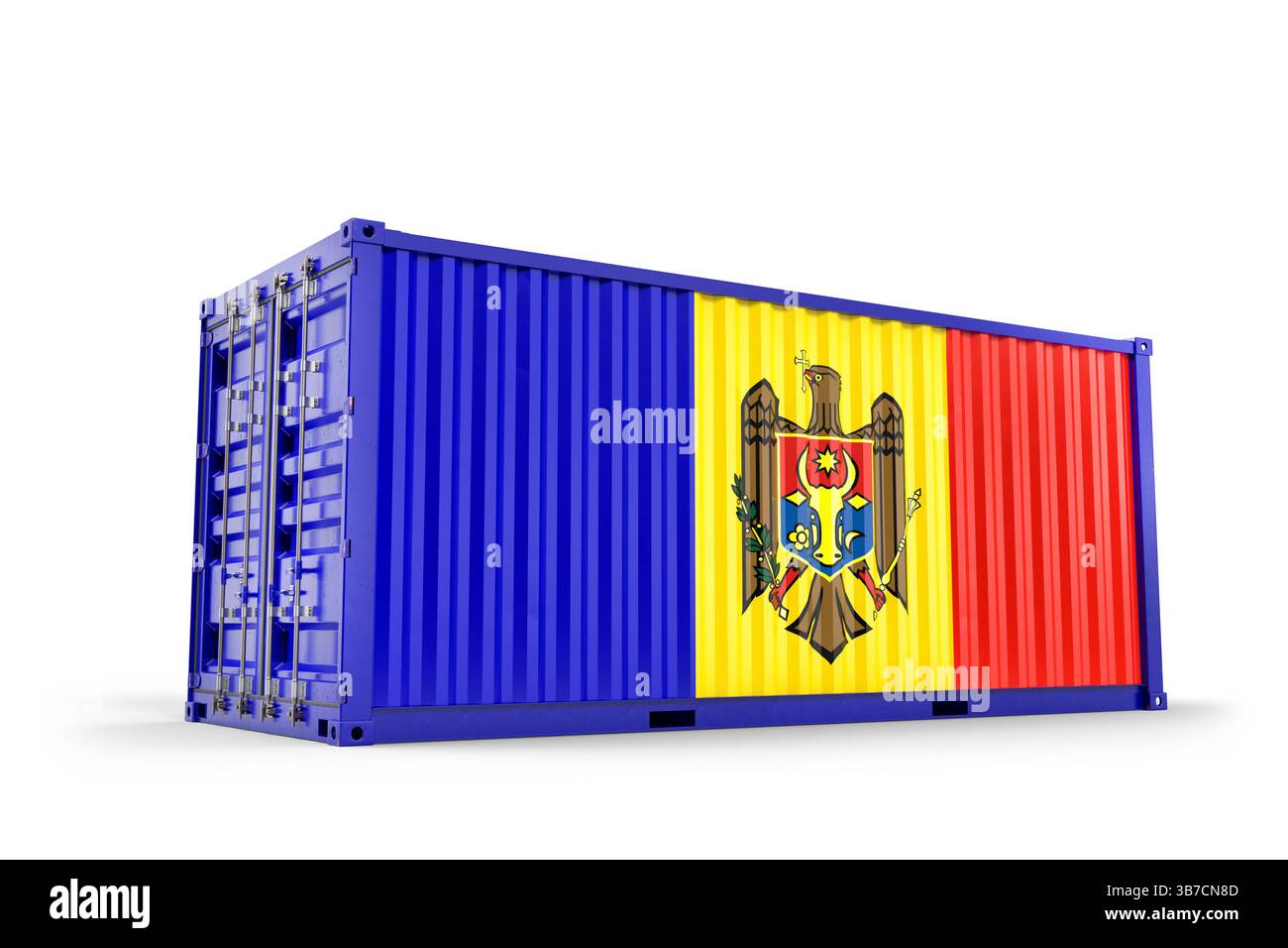 Cargo container featuring the moldovan flag, symbolizing import, export, and the interconnectedness of global trade relations. 3D Rendering Stock Photo