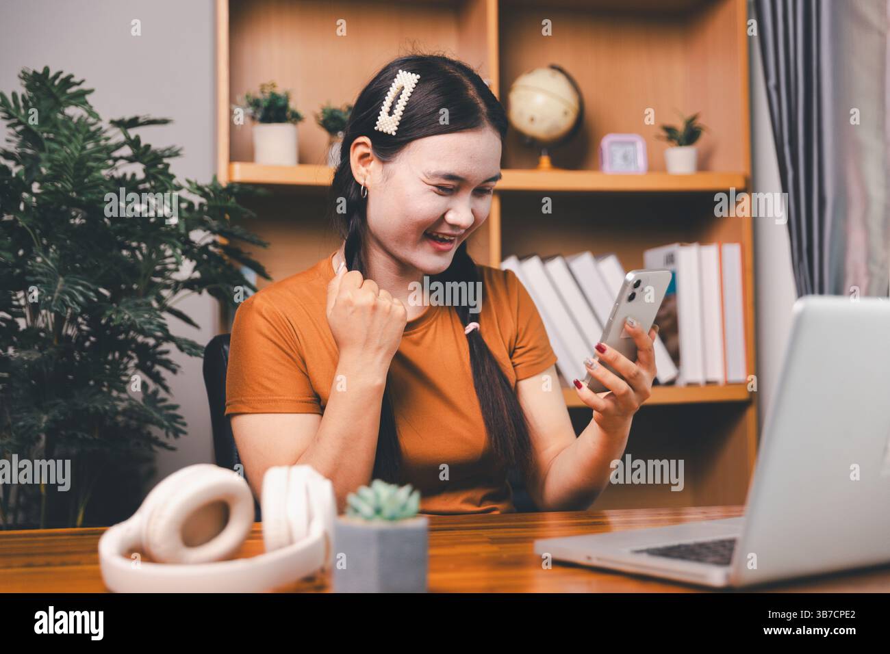 Homeschool Asian girl student learning virtual internet online class ...