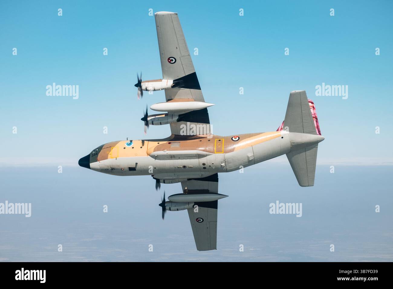 The Royal Jordanian Air Force’s C-130 Hercules, featuring tail art and livery depicting Petra, is used for military and humanitarian airlift missions. This aircraft supports rapid deployment and logistics operations within Jordan and abroad. Stock Photo