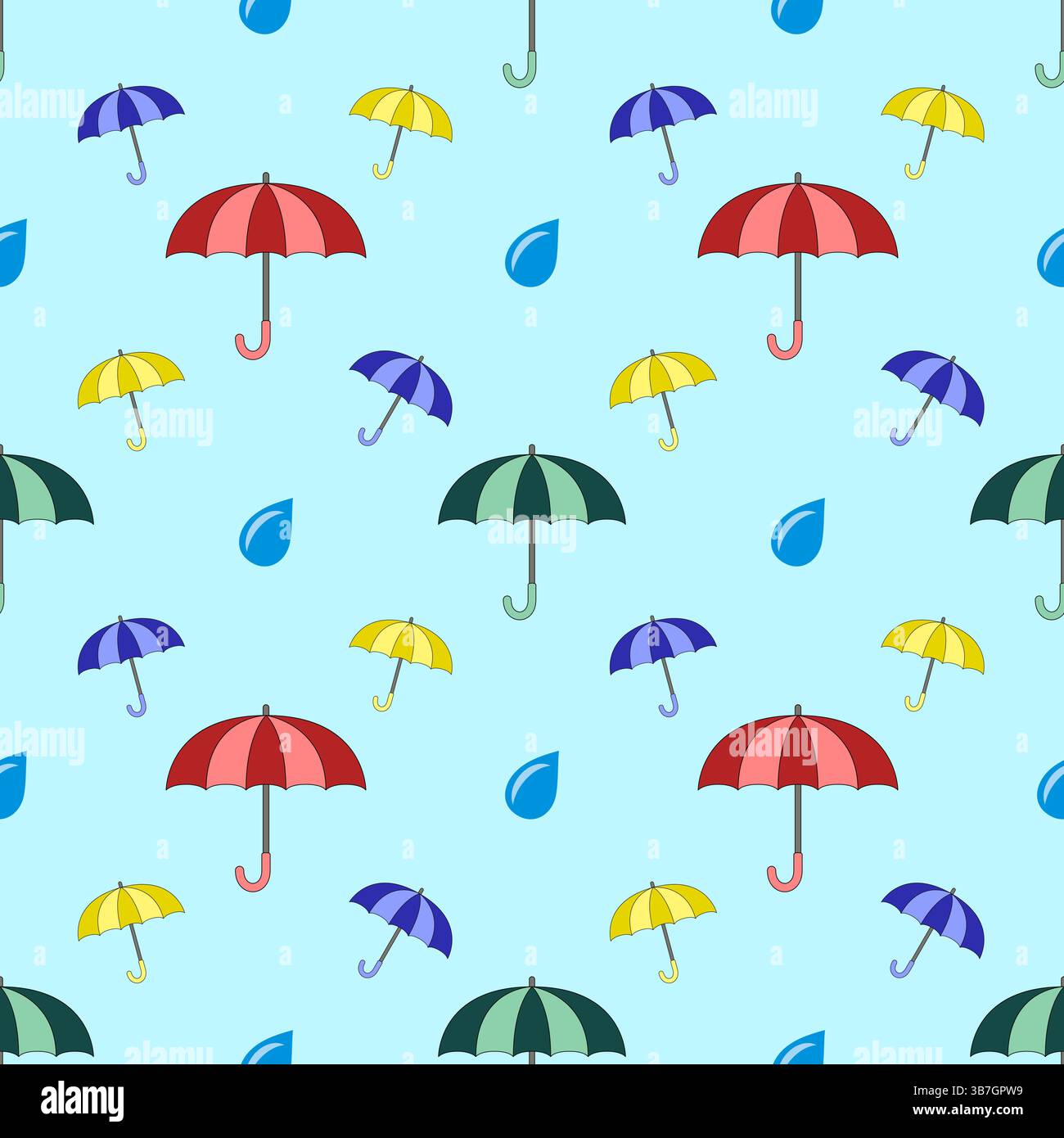 Seamless pattern of multicolored umbrellas with drops on background Stock Vector