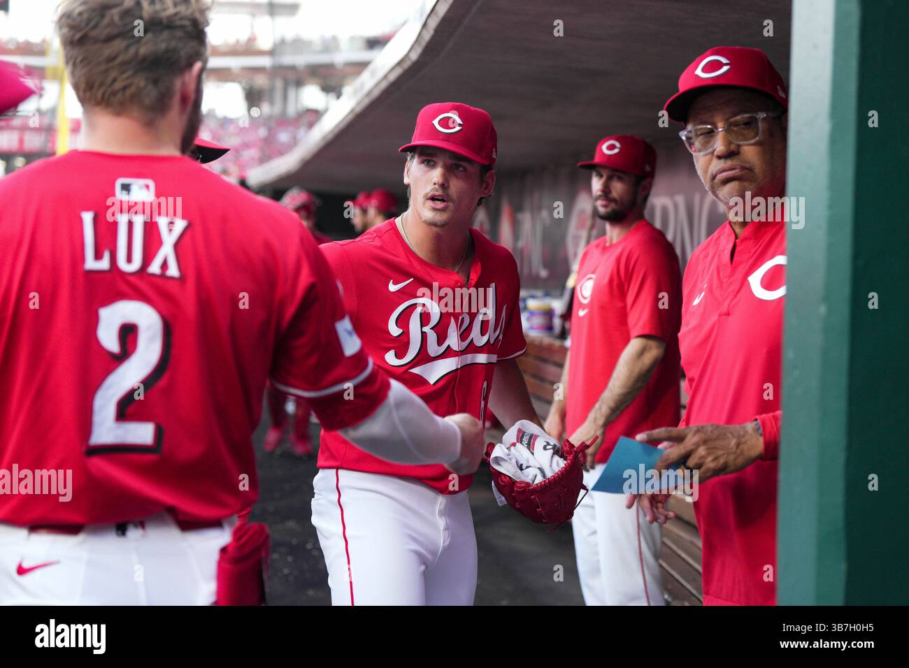 Cincinnati Reds pitcher Chase Petty walks through the dugout during the ...