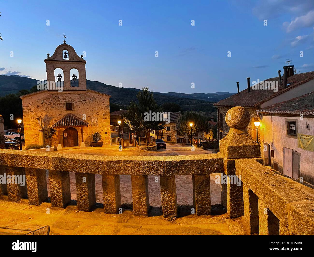 Main Square, night view. la Hiruela, Madrid province, Spain. - Smartphone Captured Stock Image