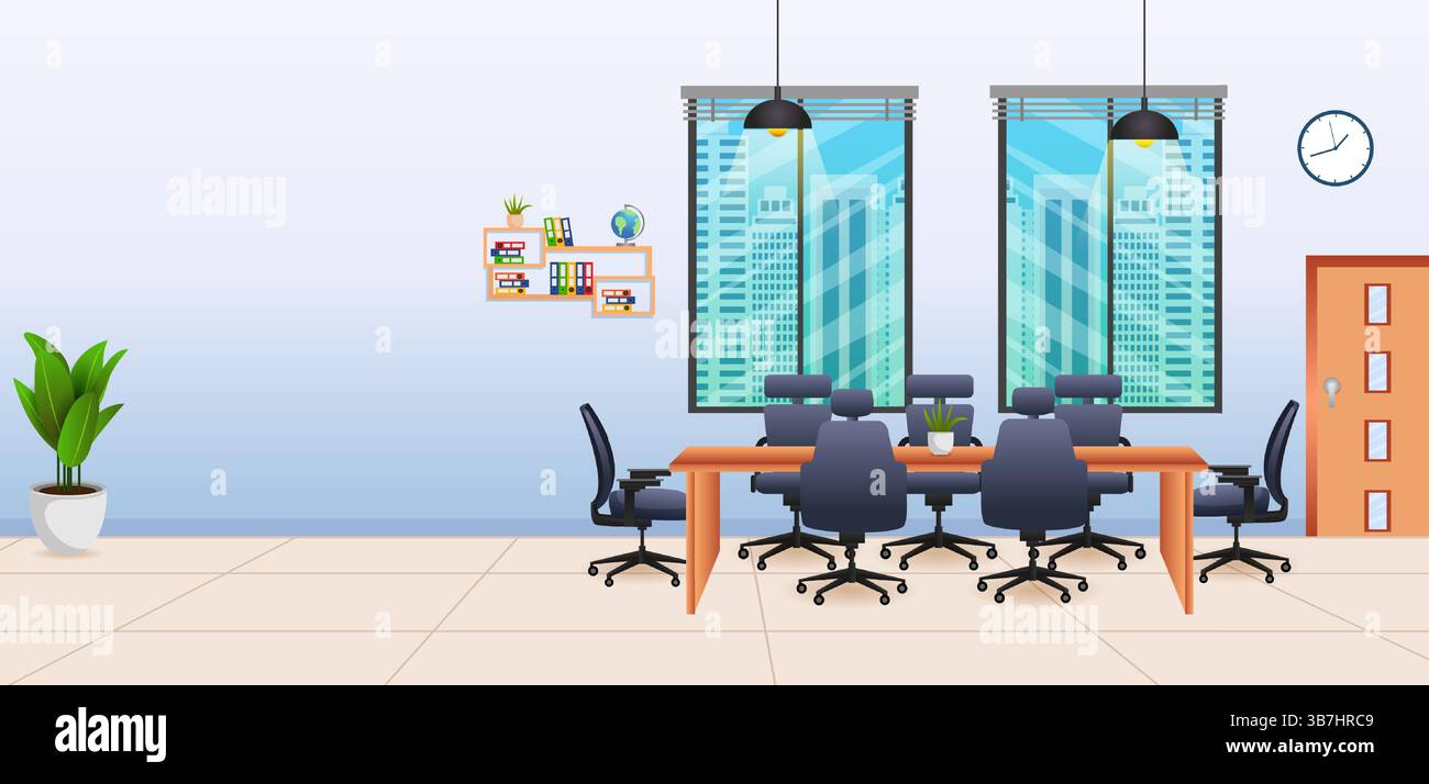 illustration of Modern Business Office Interior layout design no people coworking workplace space Stock Vector