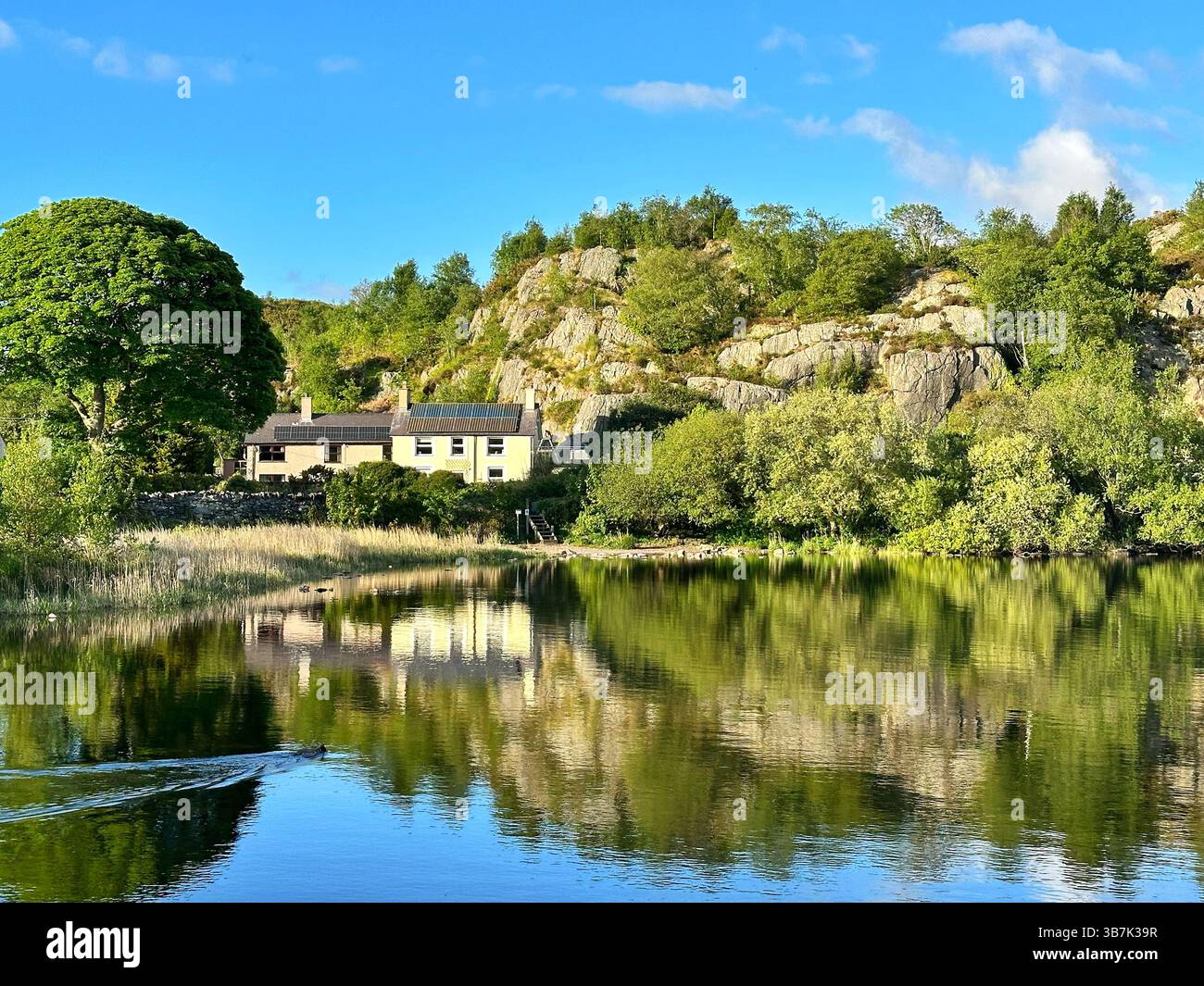 Stone cottages overlooking Llyn Padarn lake in Snowdonia, Wales, surrounded by slate, trees, and distant mountain views. - Smartphone Captured Stock Image