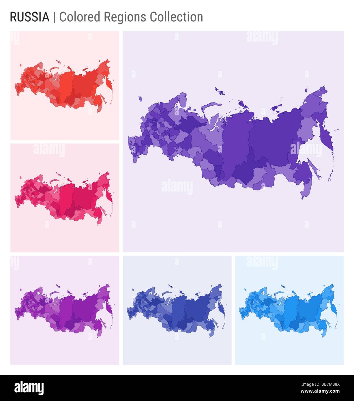 Russia map collection. Country shape with colored regions. Deep purple, red, pink, purple, indigo, blue color palettes. Stock Vector