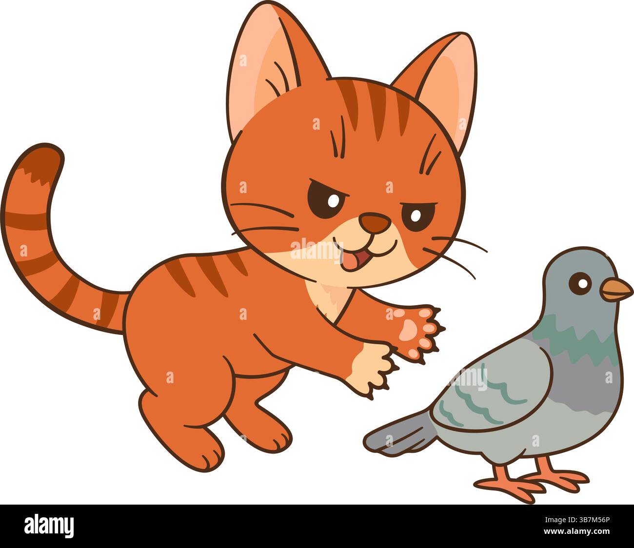 Mischievous red tabby cat catches a gray pigeon. Chibi ginger kitten in Flat style clean, simple design. For children’s book, story illustrations, greeting cards, stickers, tshirts, mug and posters Stock Vector