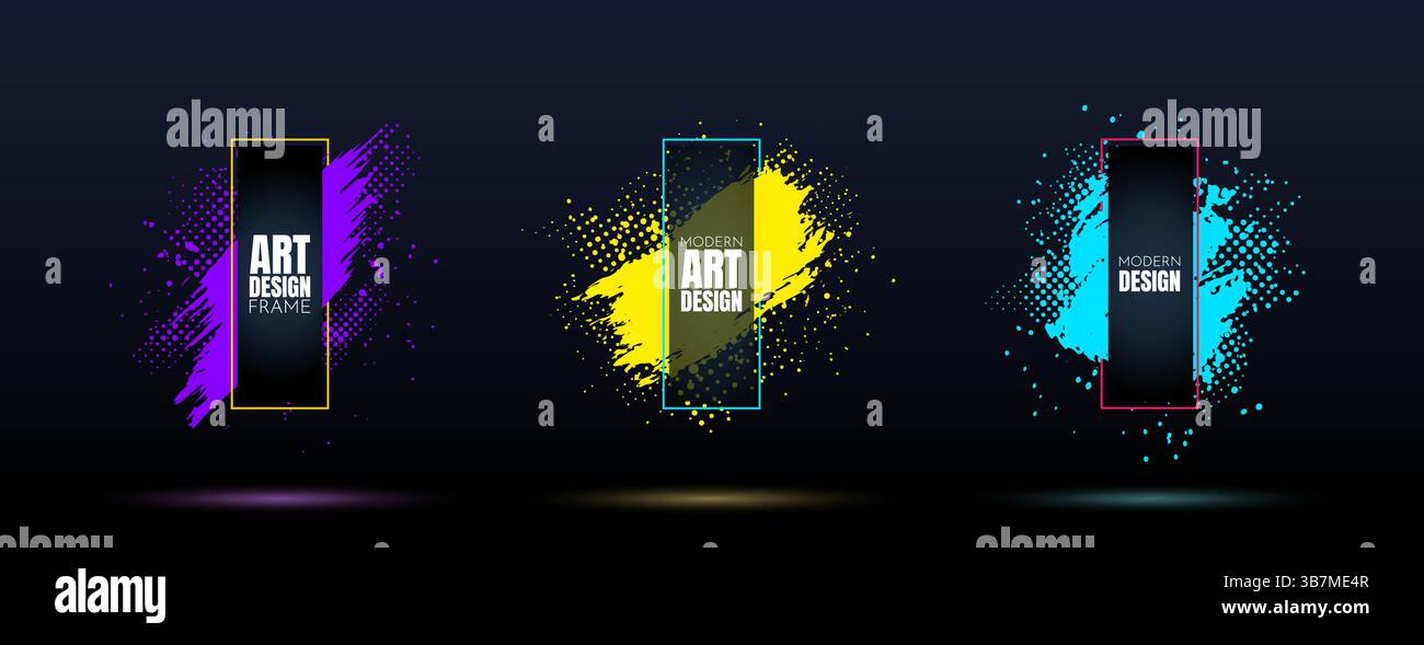 Vector illustration. Modern art graphic. Dynamic frame. Brush stroke, paint splashes and halftone dots. Element for design business card, event Stock Vector