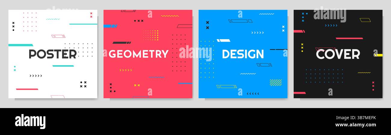 Vector illustration. Abstract vibrant color background set. Cool bright wallpapers with flowing lines and memphis pattern elements. Design elements Stock Vector