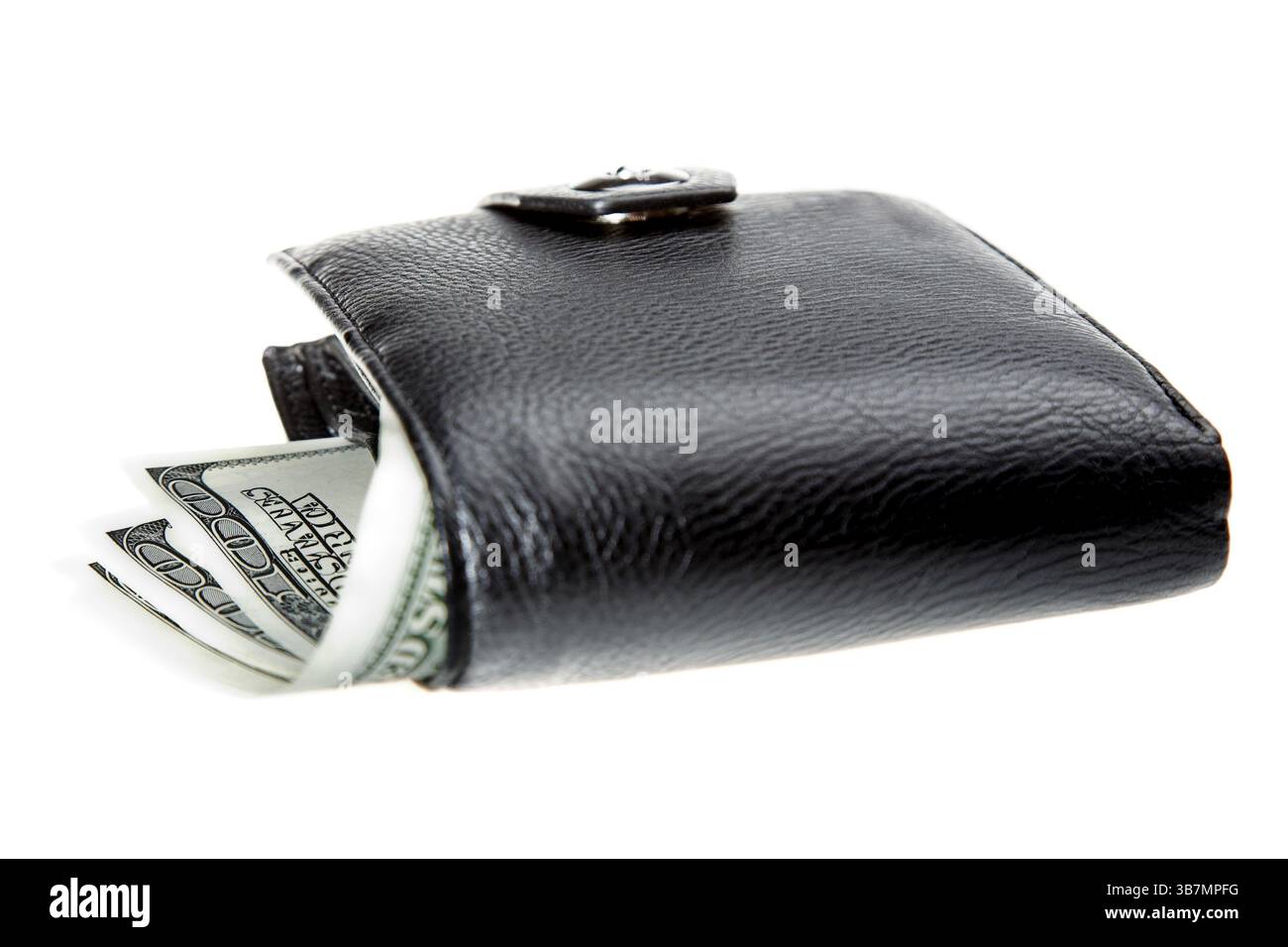 Black leather wallet with dollars white isolated Stock Photo