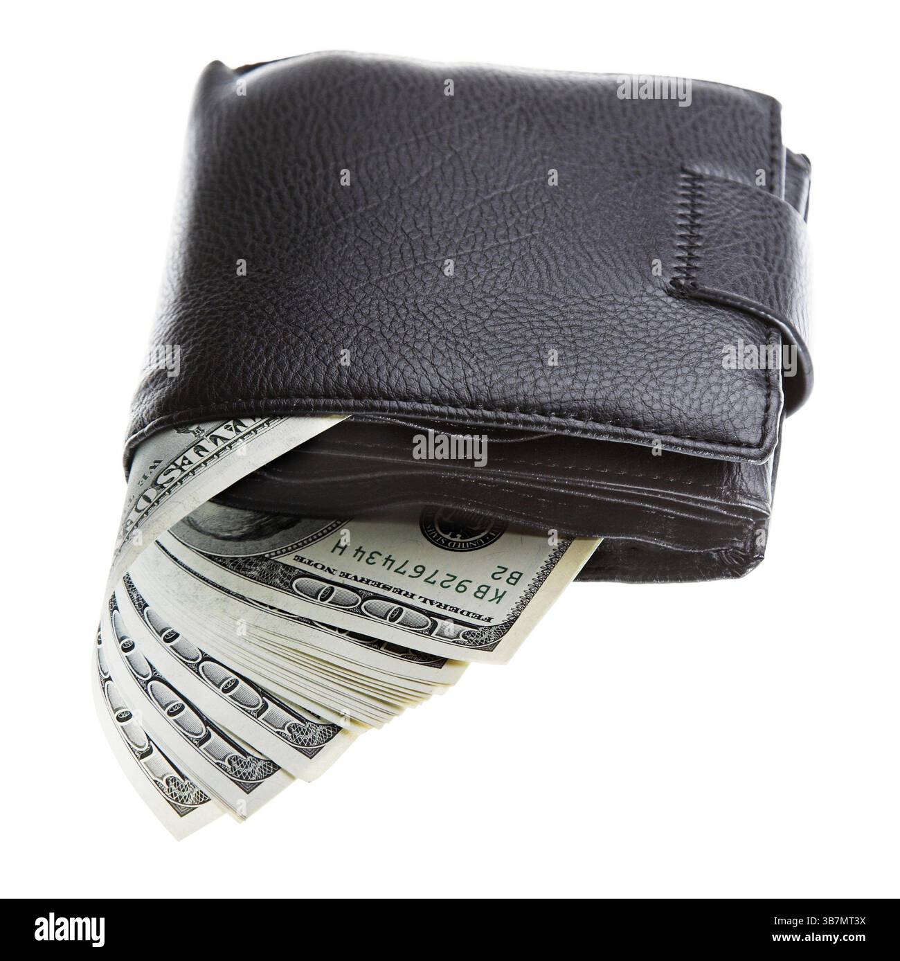 Black leather wallet with dollars white isolated Stock Photo