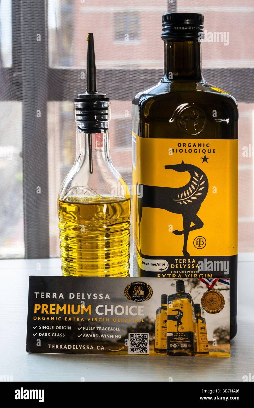 Terra Delyssa is an extra virgin olive oil imported from Tunisia. Stock Photo