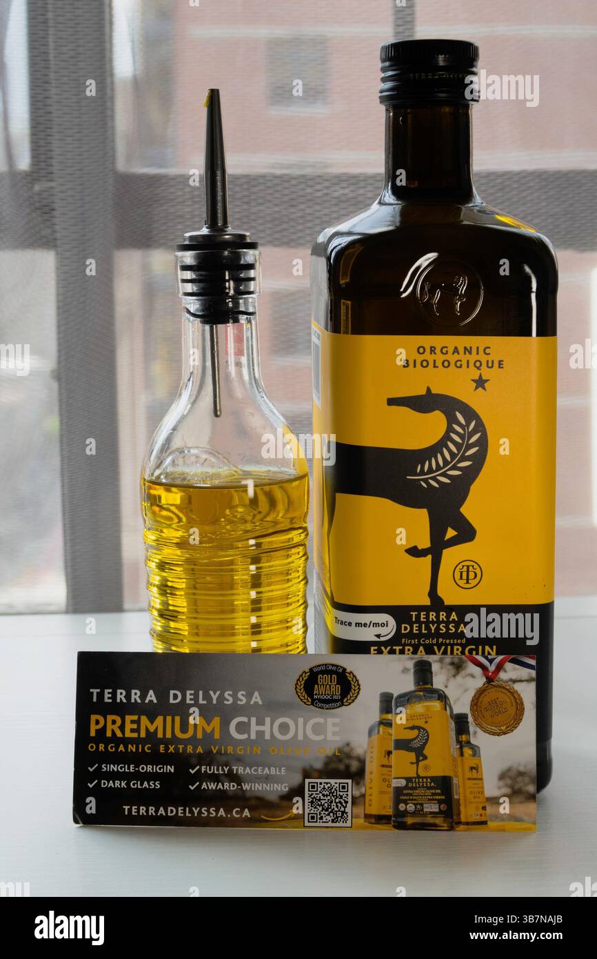 Terra Delyssa is an extra virgin olive oil imported from Tunisia. Stock Photo