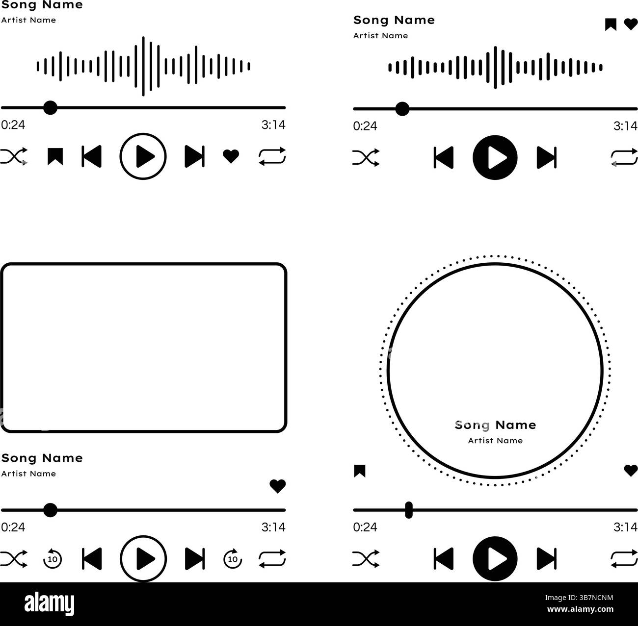 Music player interface audio control buttons, loading bar and favorite playlist options, Vector outline illustration. Stock Vector