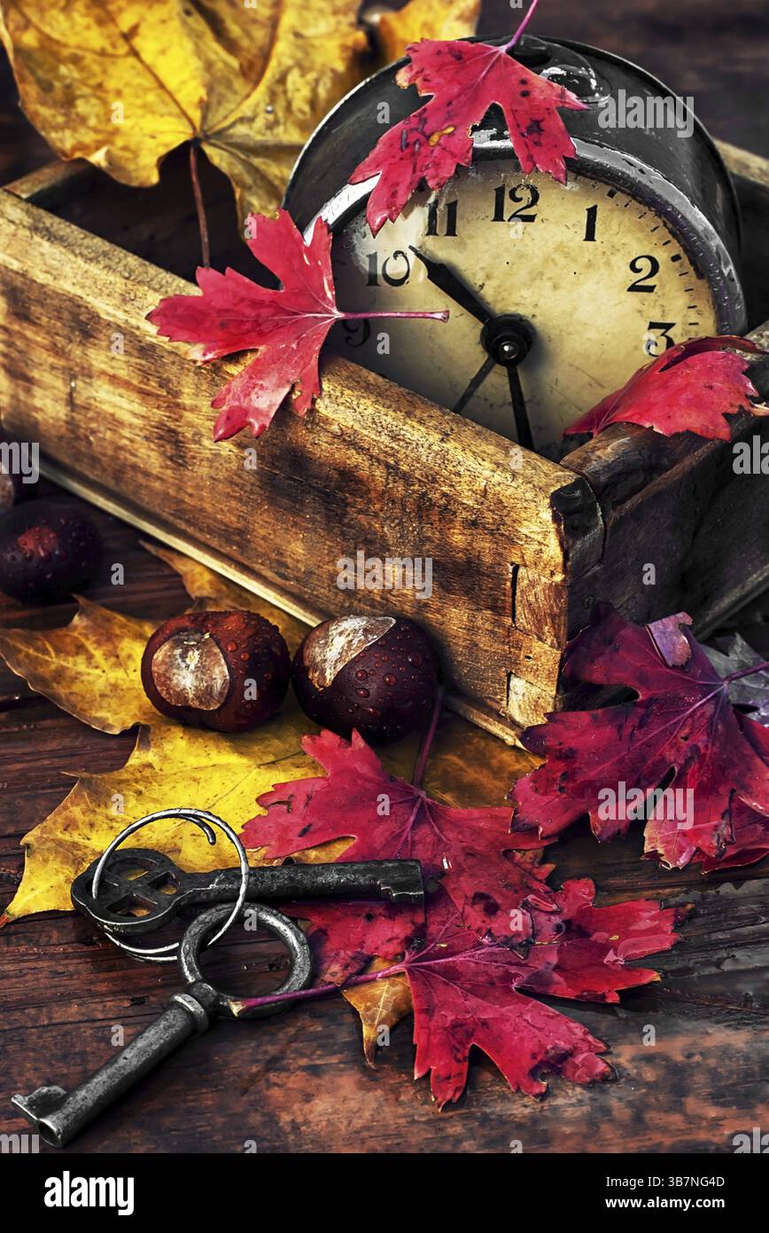 Obsolete alarm clock on wooden background strewn with fallen leaves Stock Photo