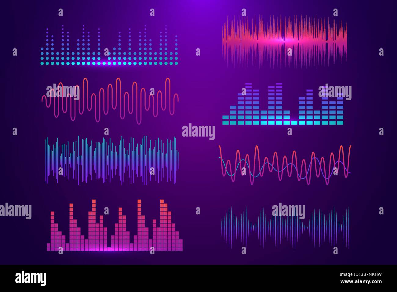 Set of colorful music waveforms and equalizer graphics on purple background Stock Vector