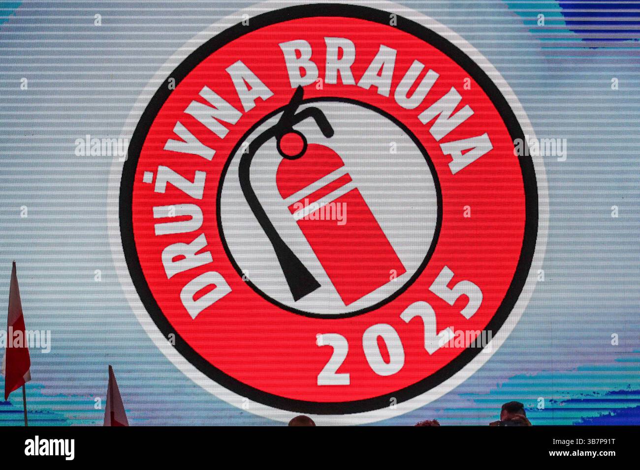 The 'Druzyna Brauna' (Braun’s Team) logo seen during Grzegorz Braun’s presidential campaign rally. Grzegorz Braun’s presidential campaign rally in Krakow. Stock Photo