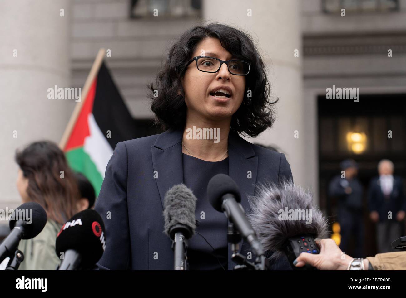 Esha Bhandari attorney for Rumeysa Ozturk speaks to press outside of