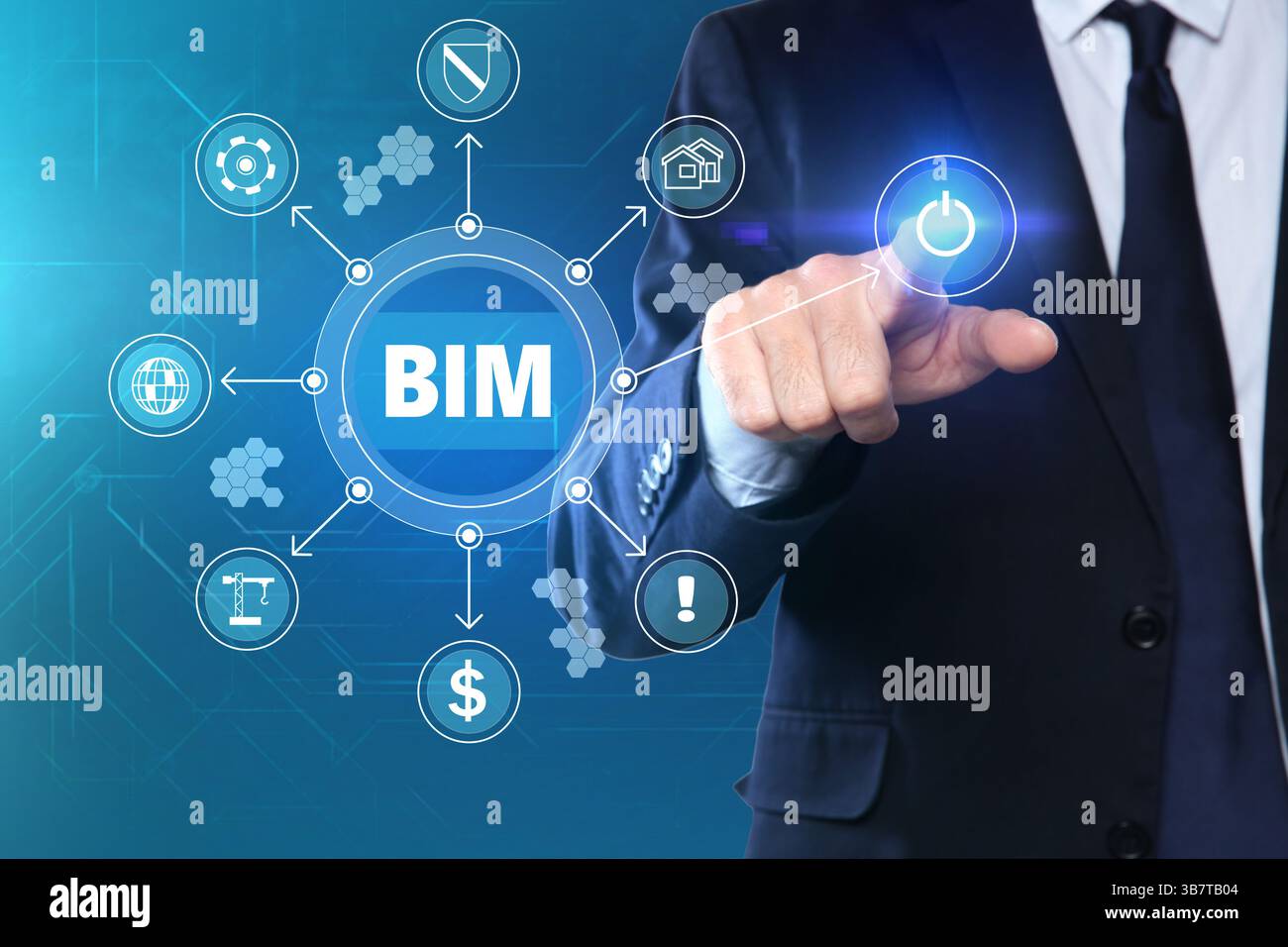Building information modeling. Man using virtual screen with abbreviation BIM and different icons, closeup Stock Photo