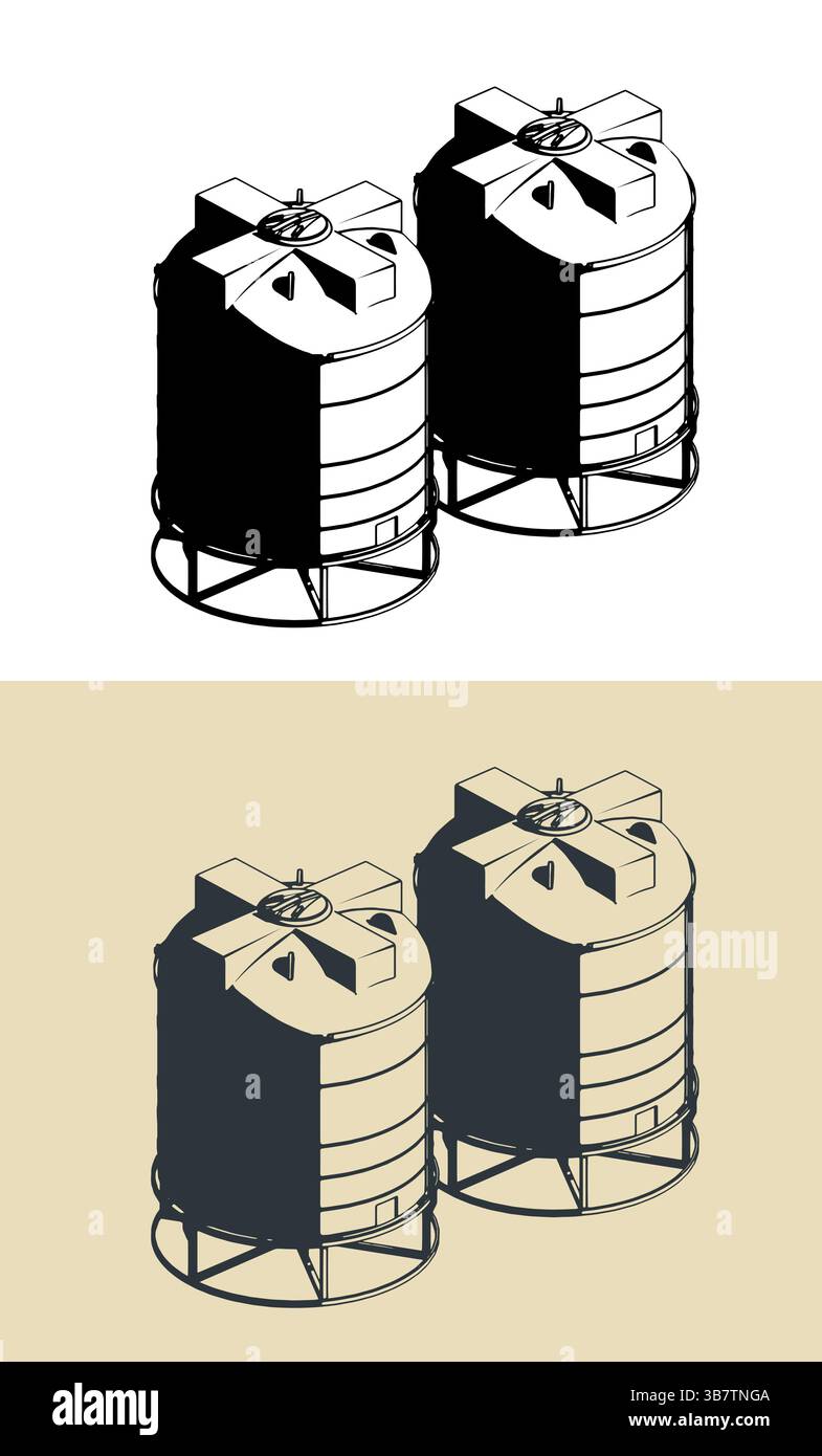 Stylized vector illustrations of plastic water tanks on metal basis ...