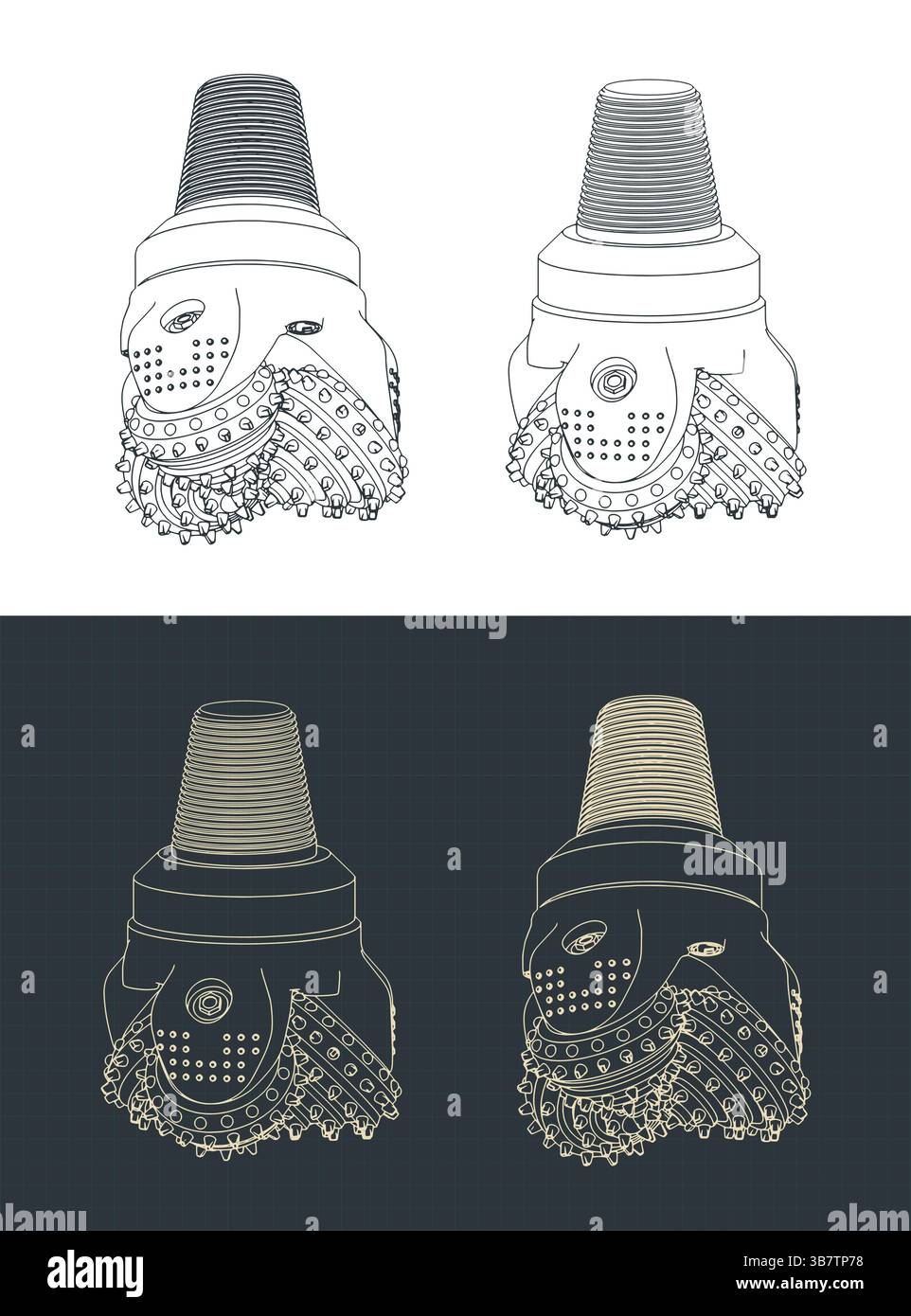Driling Bit Vector Threecone oil drilling bit isometric blueprints stylized vector ...