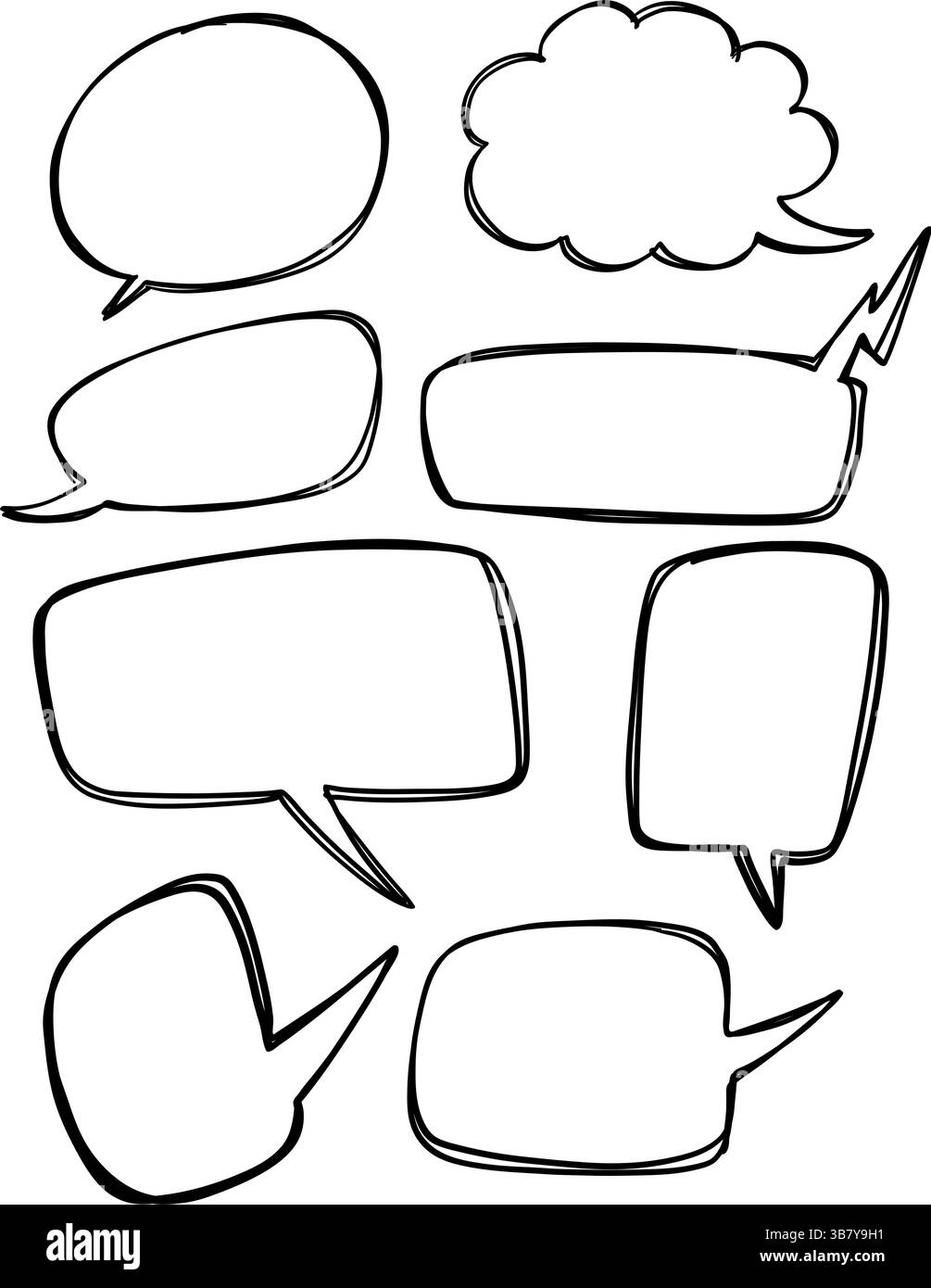 Collection of black and white hand-drawn speech bubbles in various shapes, ideal for comics and graphic design projects Stock Vector
