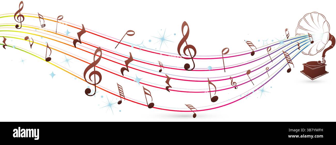 abstract music notes sound waves with gramophone isolated white ...