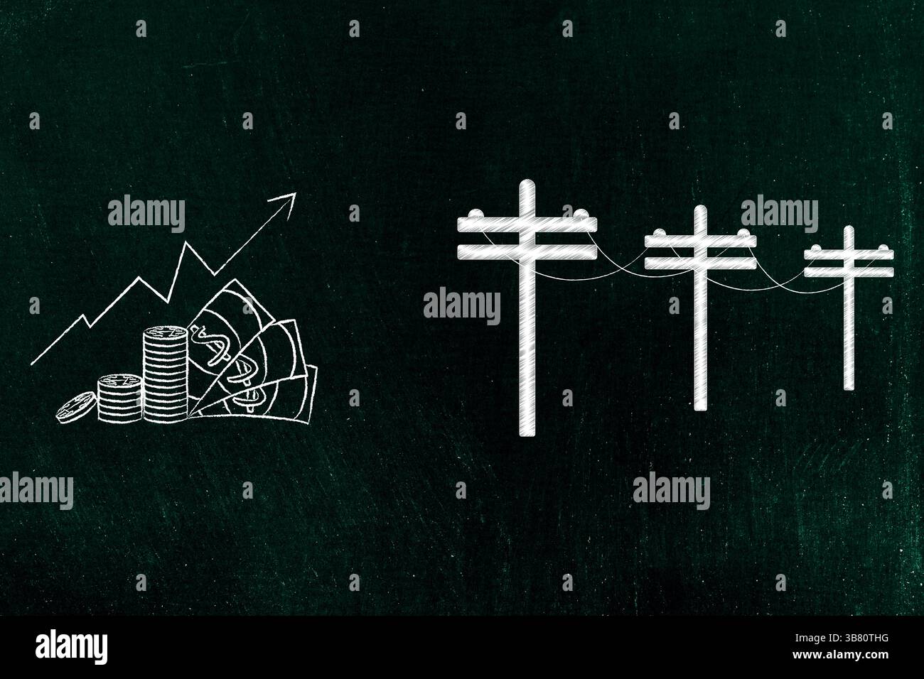 Electric pylons with money icon, representing increased energy demand ...