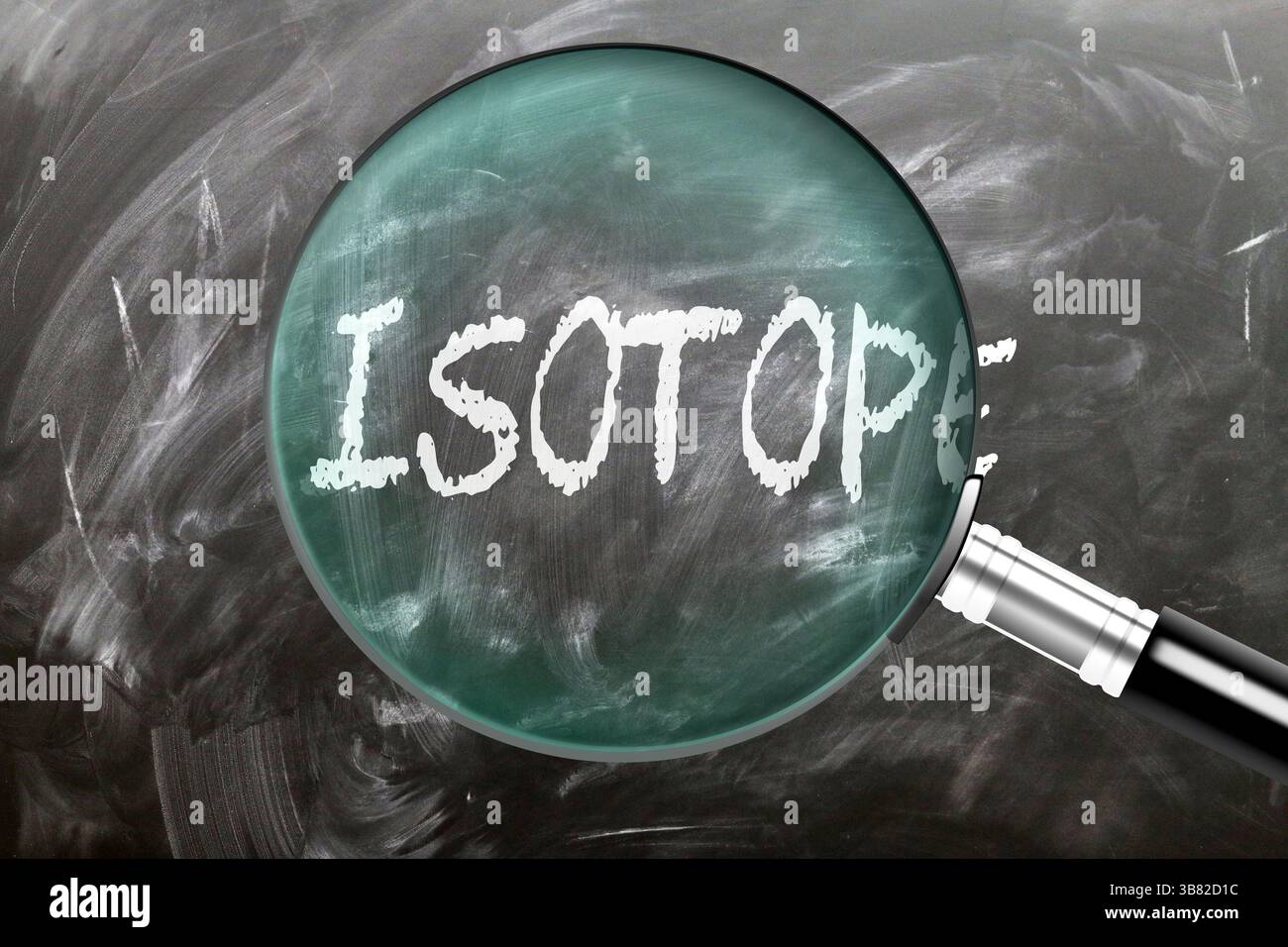 Isotope - learn, study and inspect it. Taking a closer look at isotope. A magnifying glass enlarging word 'isotope' written on a blackboard Stock Photo