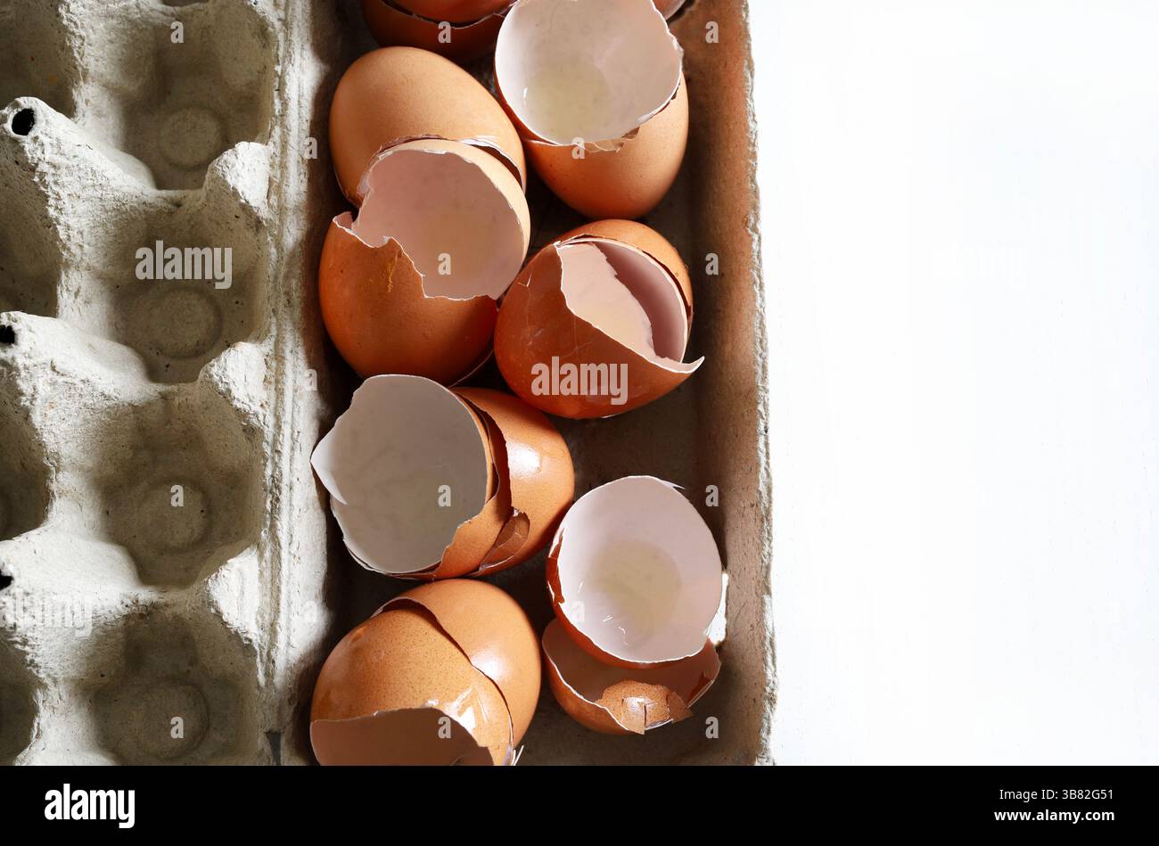 Broken eggshells in a cardboard egg container. Directly above. Copy space. Stock Photo