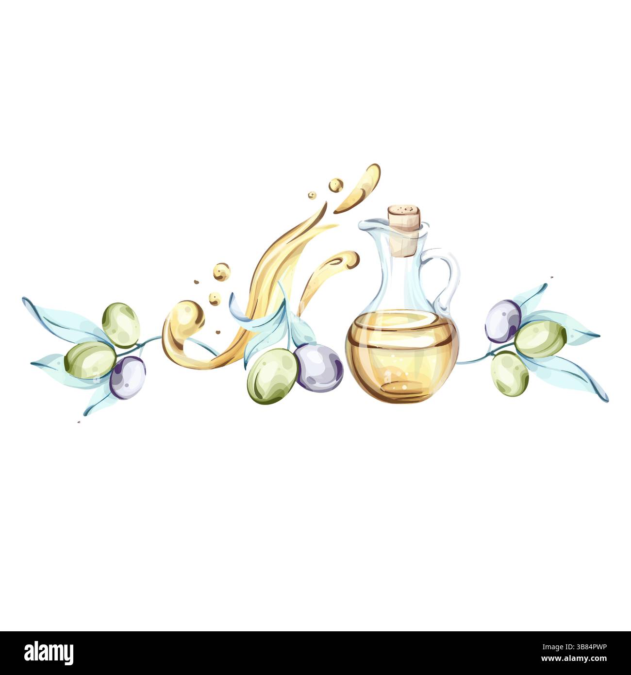 Vibrant watercolor illustration showcasing olives and olive oil in a ...