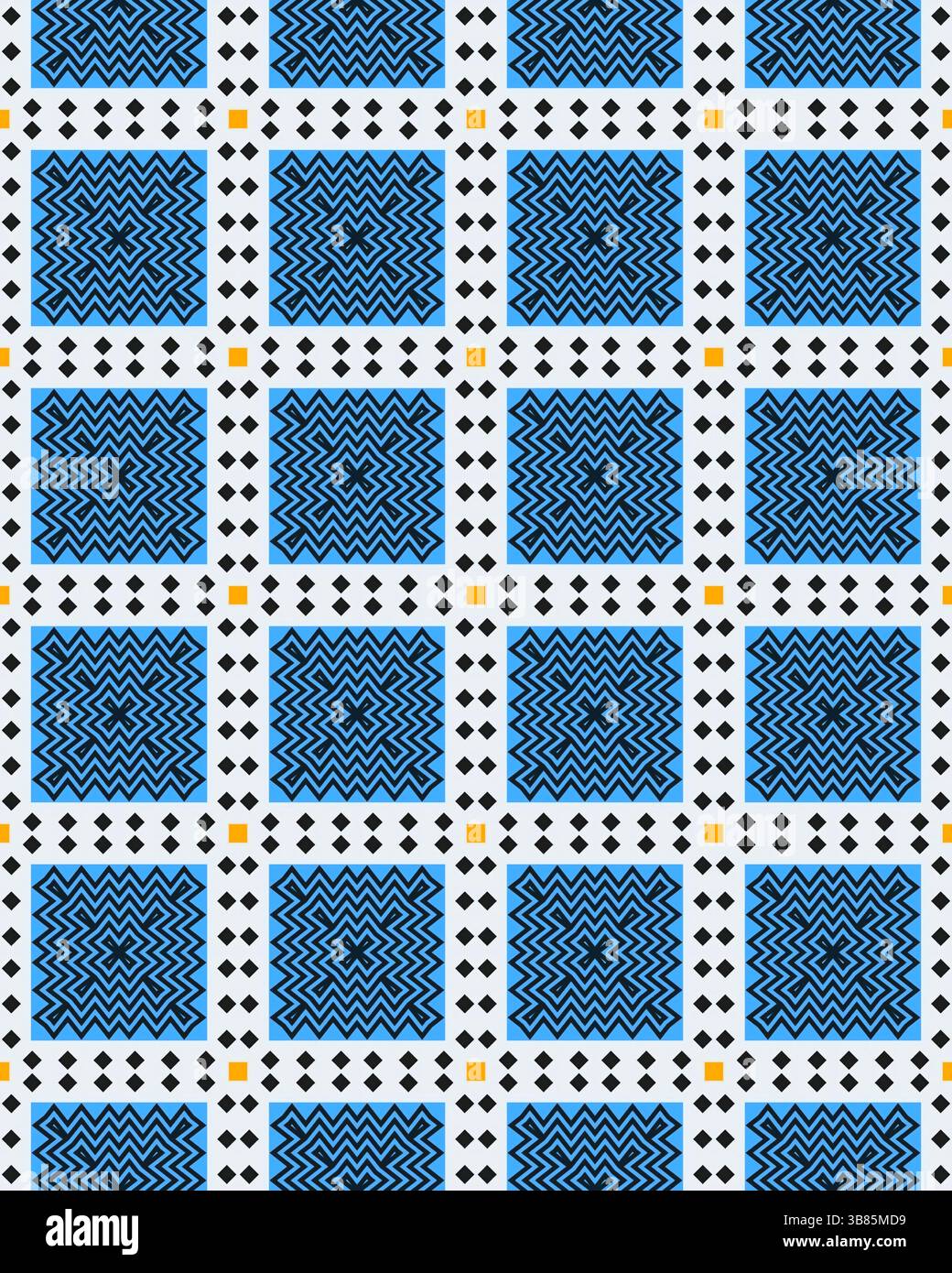 This display features a complex geometric pattern with shades of blue ...