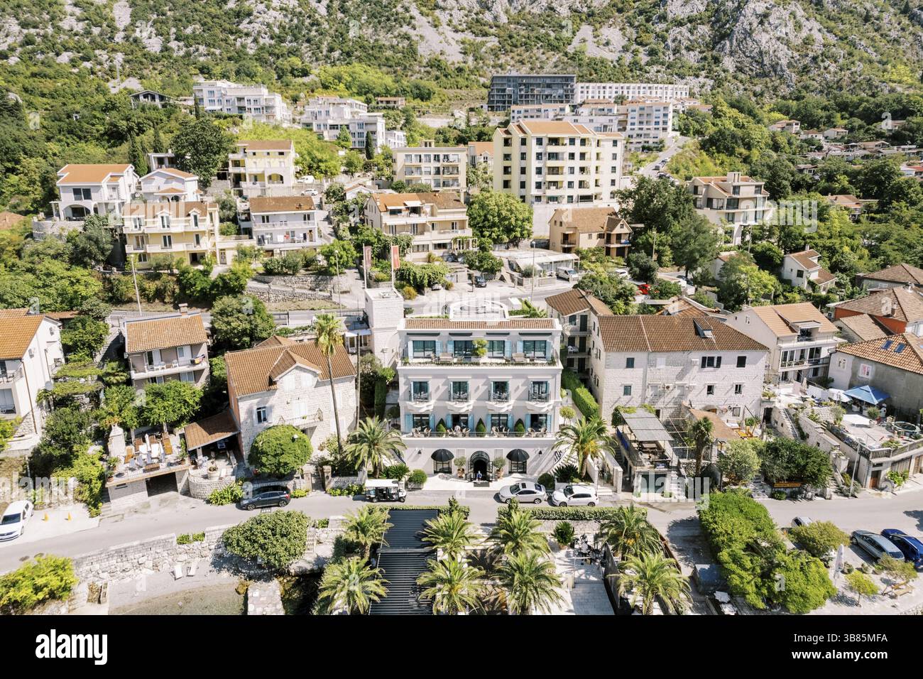 Luxurious Forza Terra hotel next to ancient villas. Dobrota, Montenegro. Drone., Ð§ÐµÑ€Ð½Ð¾Ð³Ð¾Ñ€Ð¸Ñ Stock Photo