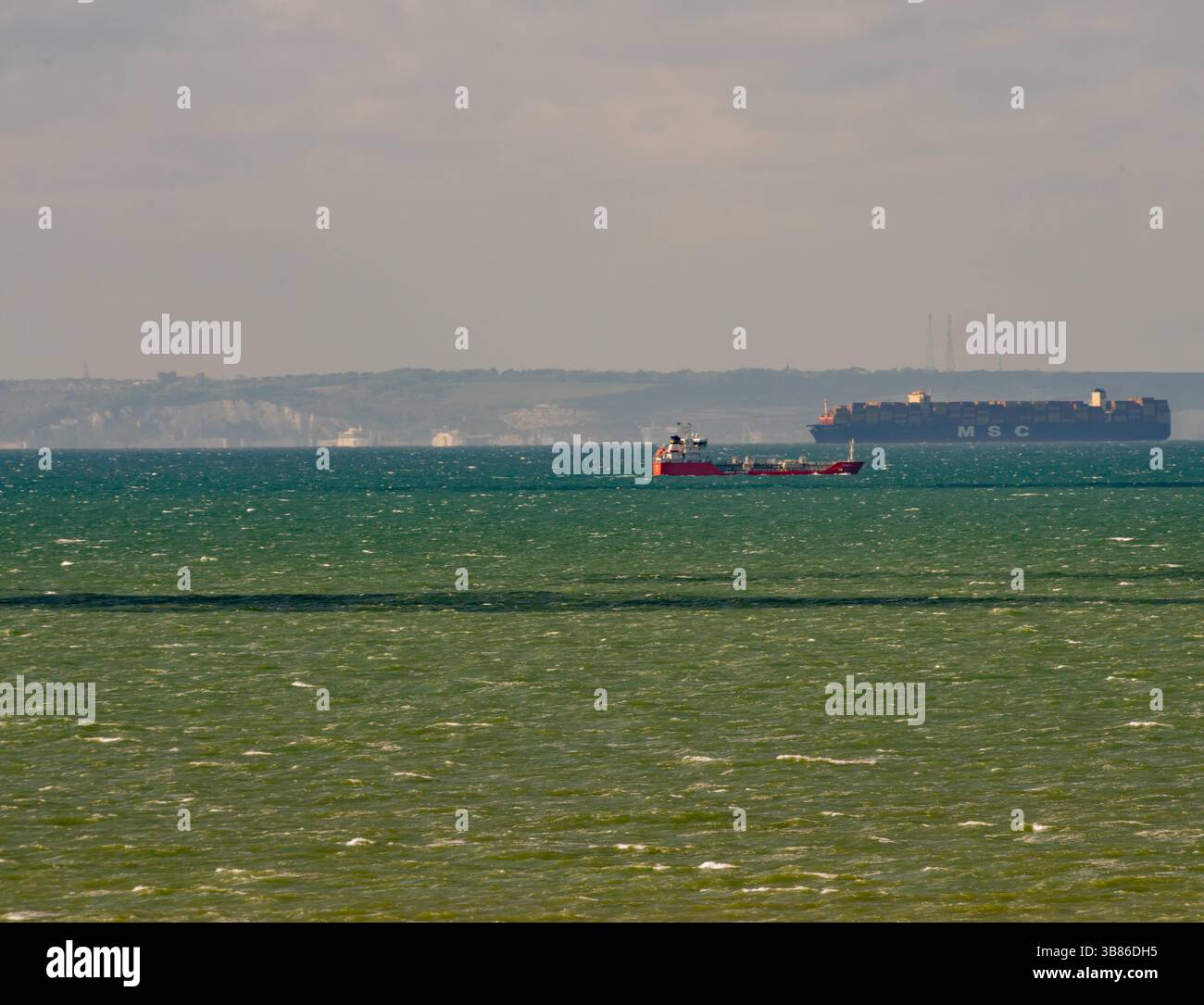 Maritime traffic in the English Channel. An MSC container ship passes a ...