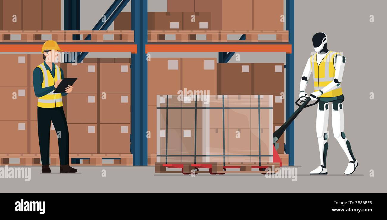 Warehouse worker and humanoid robot working together: robotics and logistics concept Stock Vector