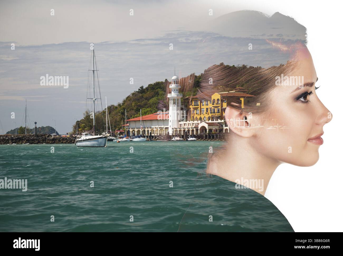 Double exposure portrait of a woman combined with photograph coast ...