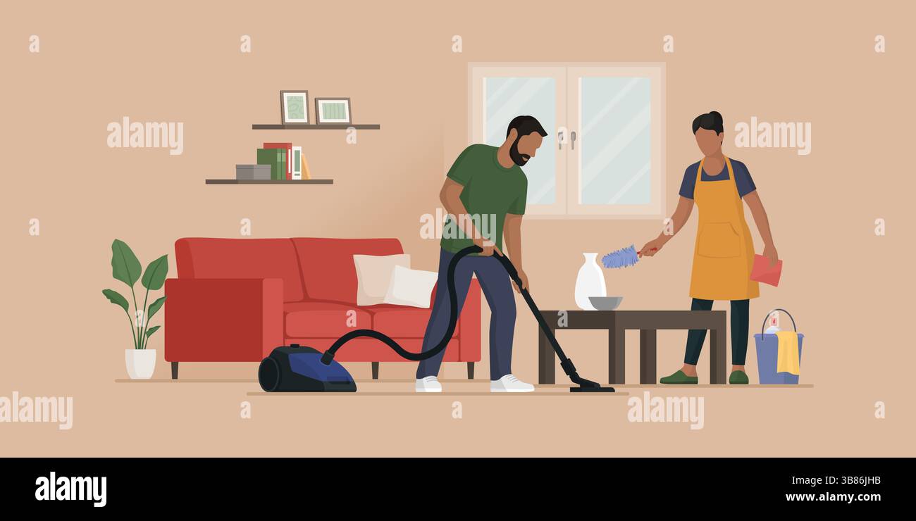 Happy loving couple cleaning their home together, he is vacuuming the ...