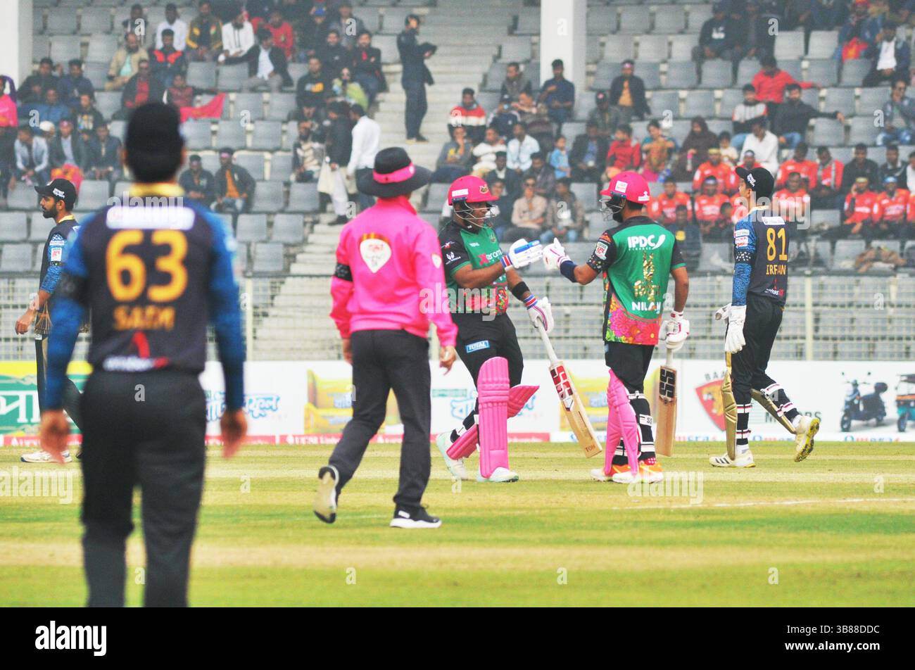 February 2, 2024: Sylhet Strikers players wear a special jersey on today's match to pay respect to the martyrs of the language movement on the occasion of the language month of February. This jersey is decorated with 20 symbols of Sylhet's history and heritage and for the first time in an international tournament, players' names and jersey numbers will be seen in Bengali.....Sylhet Strickers team won by 15 runs against Durdanto Dhaka team at Sylhet International Stadium, Bangladesh (Credit Image: © Md Rafayat Haque Khan/ZUMA Press Wire) Stock Photo
