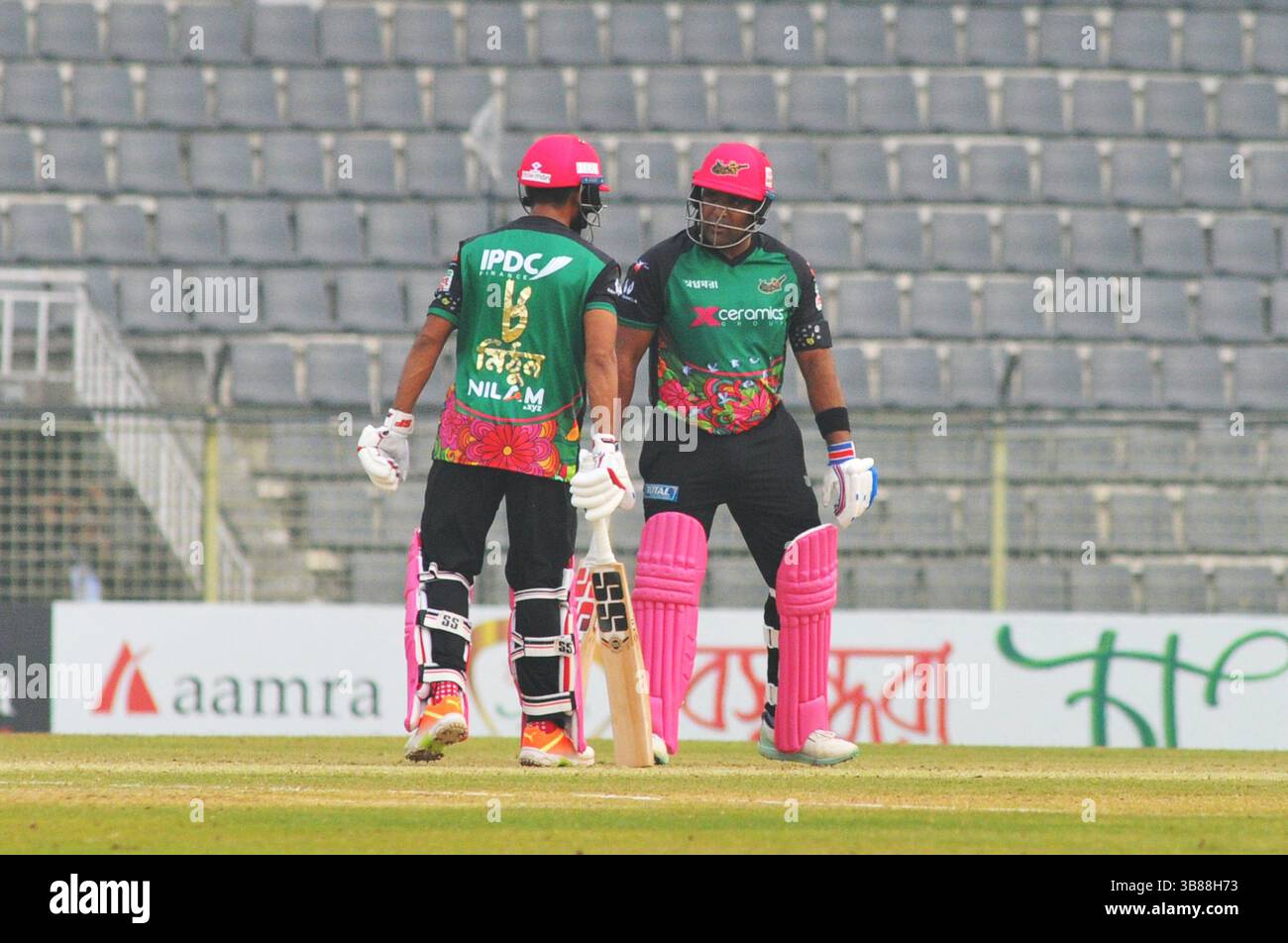 February 2, 2024: Sylhet Strikers players wear a special jersey on today's match to pay respect to the martyrs of the language movement on the occasion of the language month of February. This jersey is decorated with 20 symbols of Sylhet's history and heritage and for the first time in an international tournament, players' names and jersey numbers will be seen in Bengali.....Sylhet Strickers team won by 15 runs against Durdanto Dhaka team at Sylhet International Stadium, Bangladesh (Credit Image: © Md Rafayat Haque Khan/ZUMA Press Wire) Stock Photo