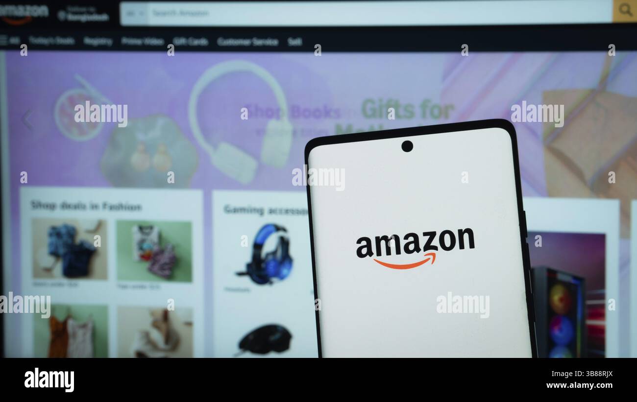 Dhaka, Bangladesh 01 May 2025: Smartphone with amazon logo, shopping ...