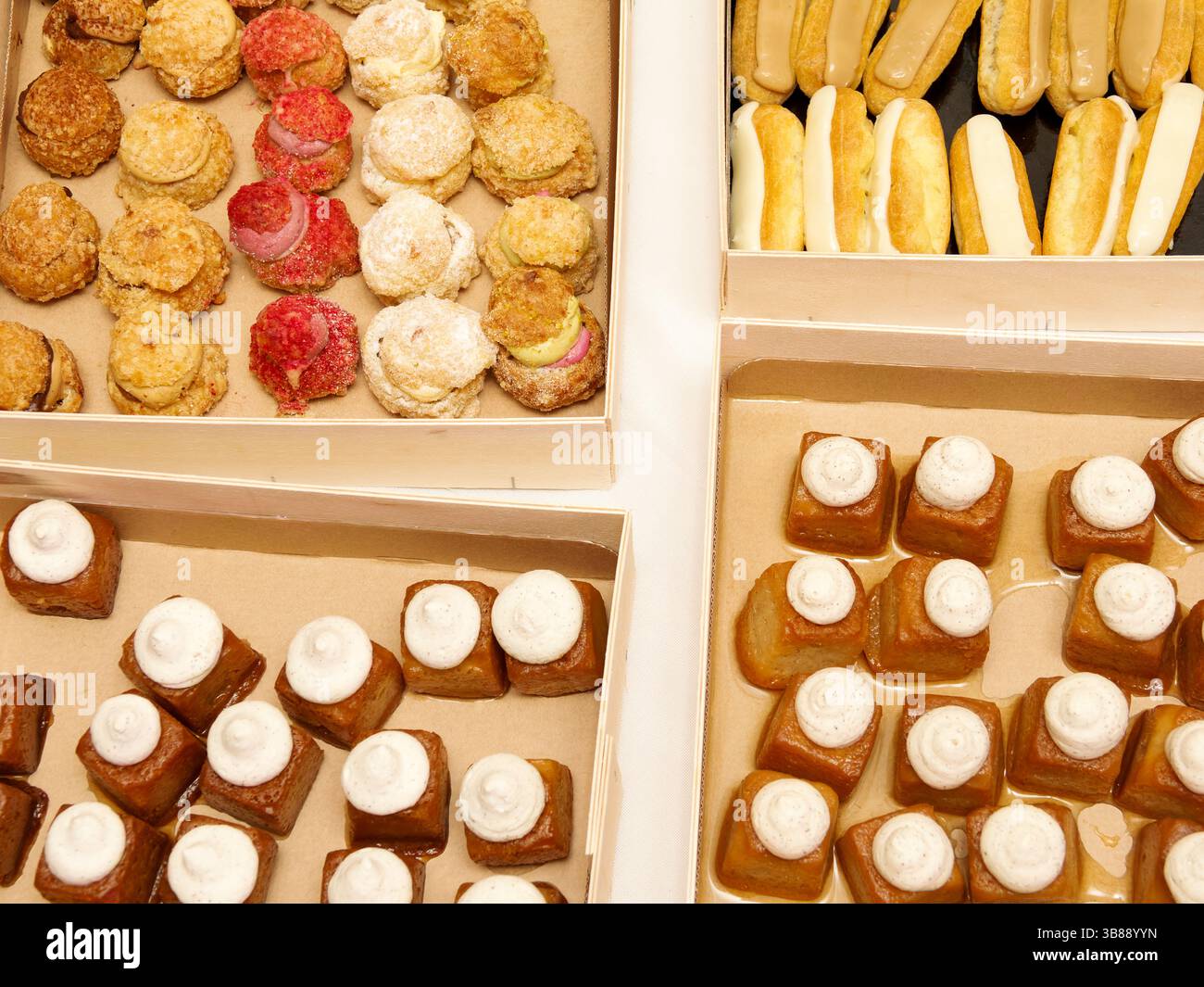 Assorted individual pastries neatly packed in boxes for a sophisticated ...