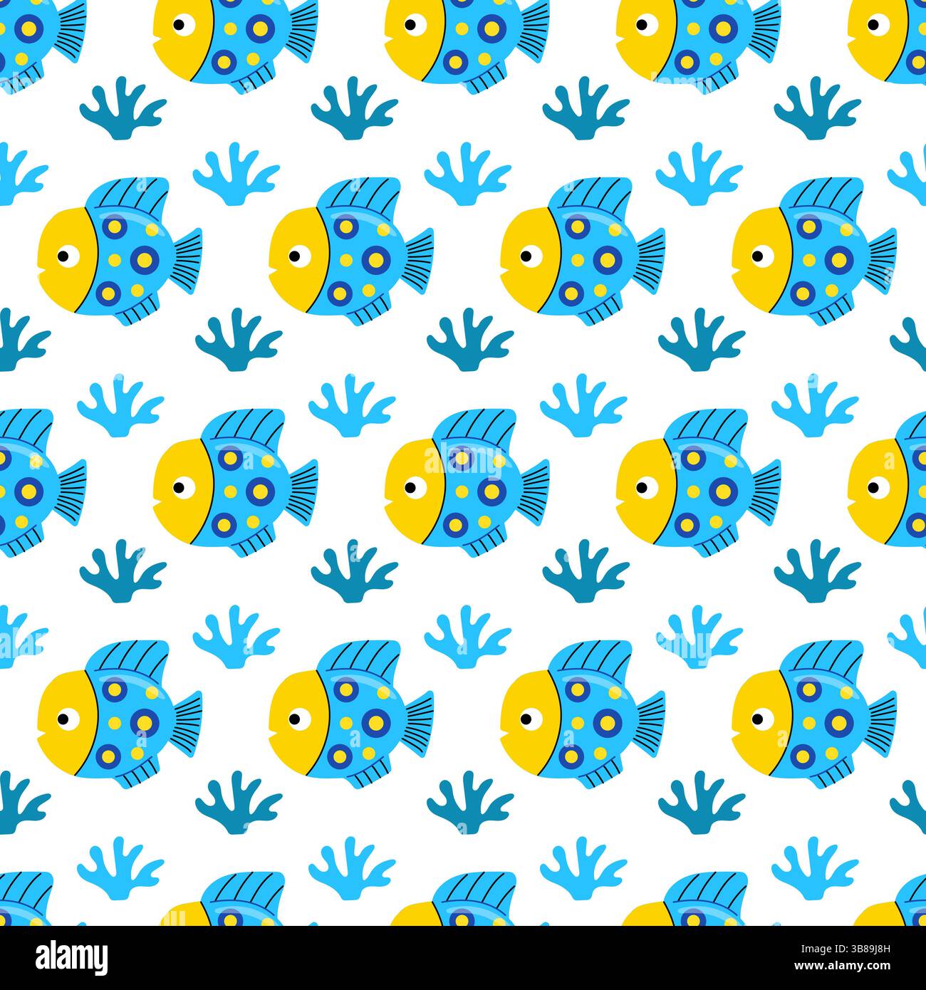 Blue tropical fish seamless pattern. Exotic fish with cute face Stock Vector