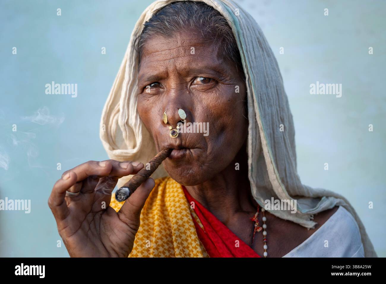 Desia Kondha tribal women with golden nose rings smoke tobacco they  cultivated near remote village, Odisha, India, Asia Stock Photo