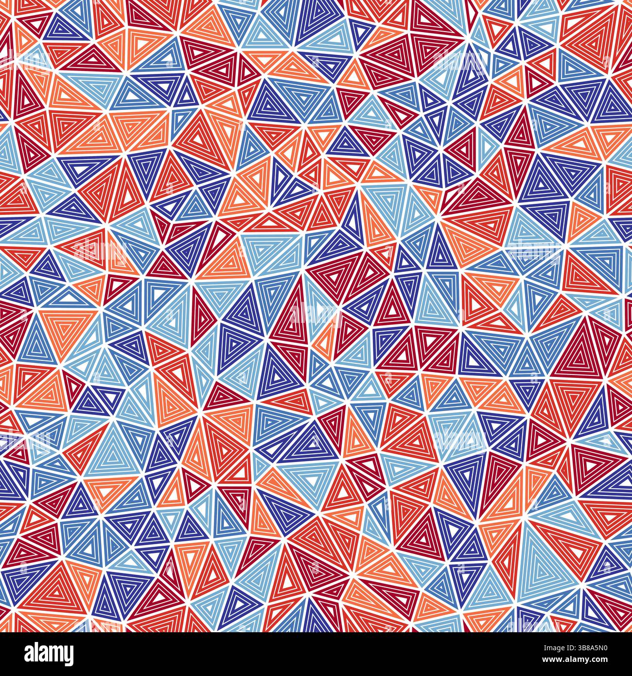 Triangulation geometric shapes background. Multiple repeated inner triangles. Compact triangles size. Multiple colors style. Seamless pattern. Stock Vector